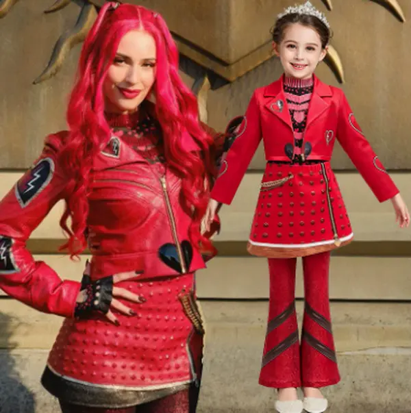 Girls Descendants Red Cosplay 4-Piece Costume Set, Kids Movie Character Outfit Cropped Jacket Heart Print Top Studded Skirt Flared Pants, Children Halloween Fancy Party Costume