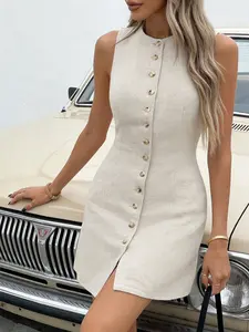 A women's minimalist fashion sleeveless vest skirt with a design sense of double breasted high-end commuting slimming A-line short skirt, suitable for summer, Casual wear, home, indoor, and outdoor wear Dress