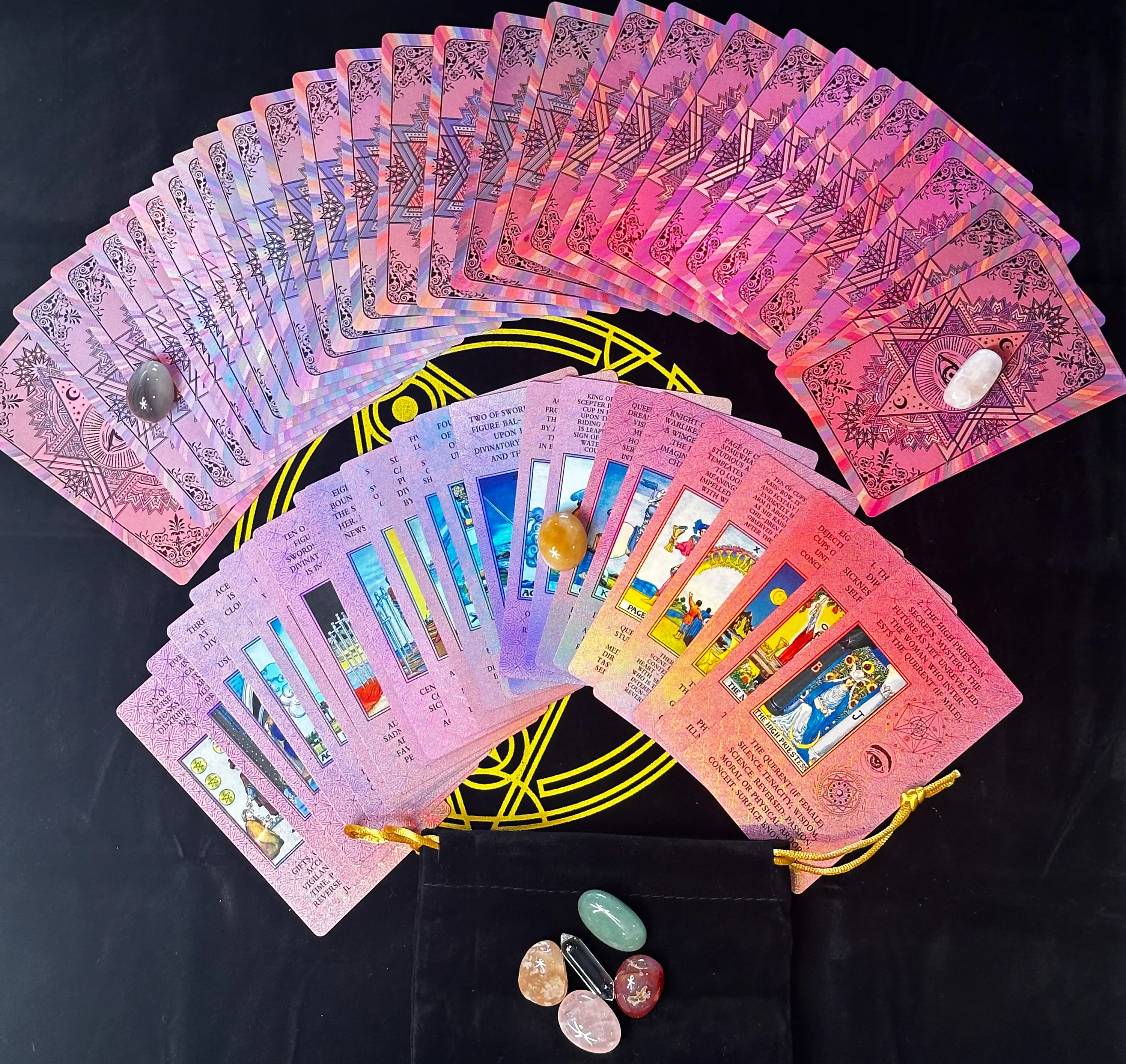 Deluxe Pink Tarot Card Bundle for Beginners: Holographic Pink Cards with Keywords & Instructions On Card, Bag of Crystals, and a Velvet Tarot Reading Mat card games