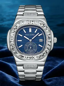 Men's Rhinestone Quartz Waterproof Watch with Calendar Function, Luxury Steel Strap, Water Resistant, Casual Style, Perfect Party Gift, Fashionable Wristwatch