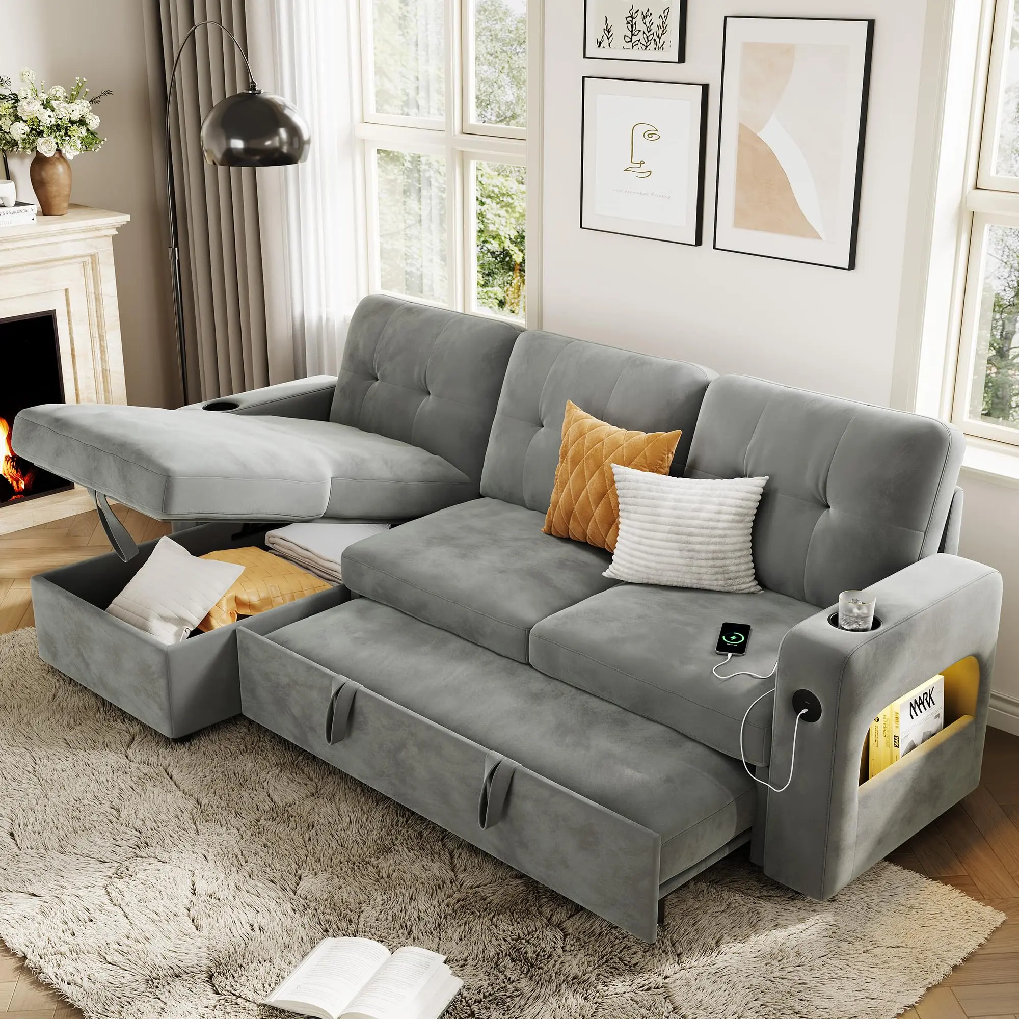 Garvee 84" Modern L-Shaped Sleeper Sofa with Storage, Charging Station, LED Lights, USB/Type-C Ports, Reversible Chaise, Convertible Sectional Bed, Velvet Upholstery for Living Room or Apartment