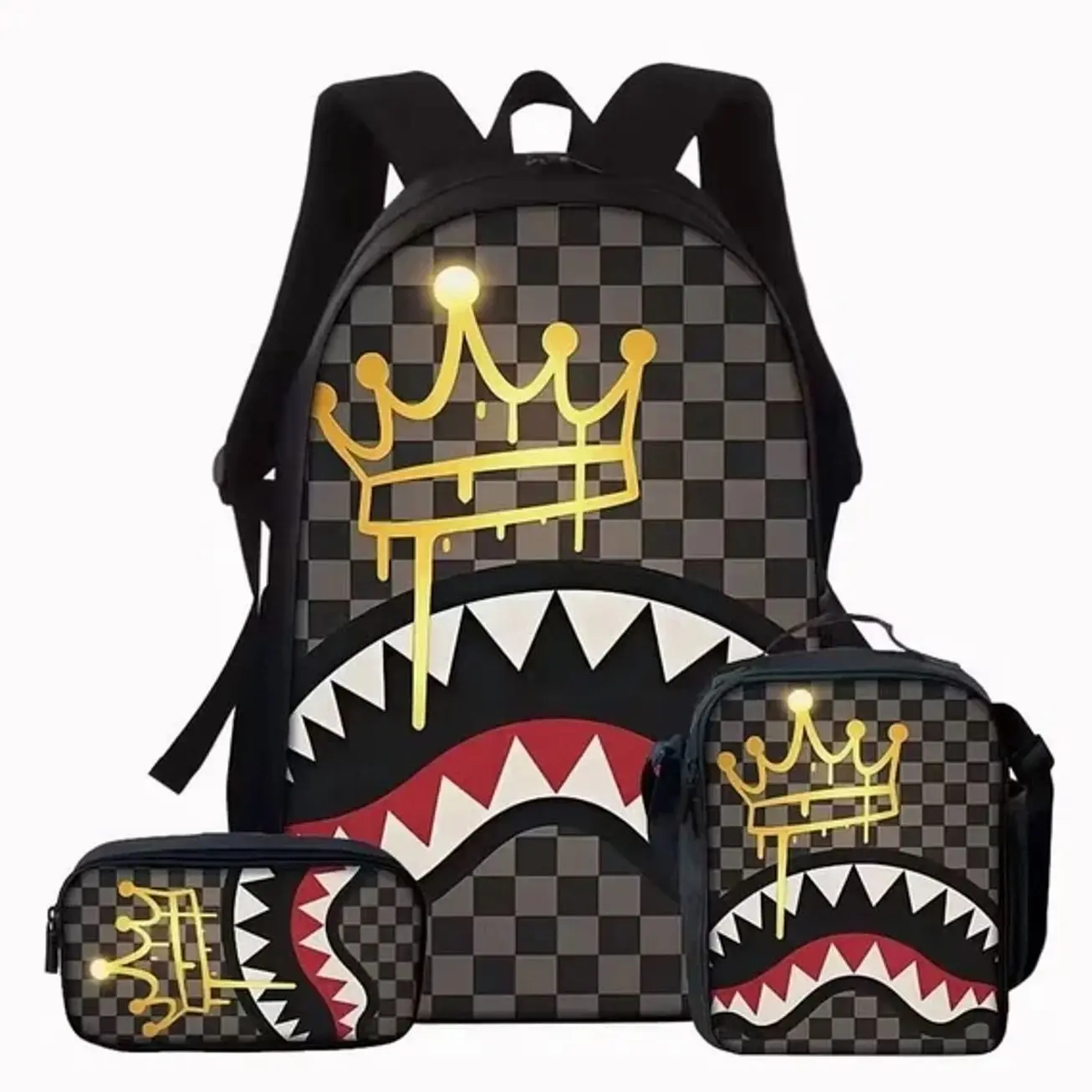 Trending Camo Shark Pattern Streetwear School Bag Set | 3Pcs Large Capacity Lightweight Backpack Lunch Bag Pencil Case | Travel Daypack