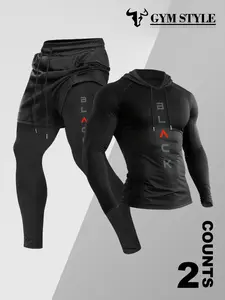 Men's Hooded Long Sleeve T-Shirt + Faux Two-Piece Pants Set, Athletic Activewear Tracksuits, Tracksuit Sweat Suits, Casual Fall & Winter, Moderate Fabric, Fitted Style