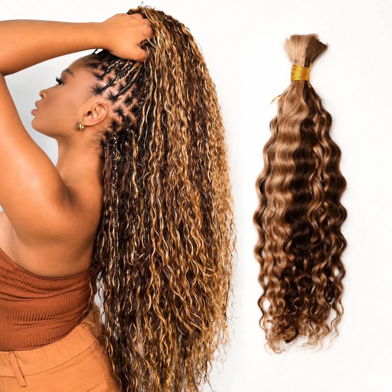 Human Braiding Hair Burmese Human Hair Bundles For Braiding Highlight Color 4/27 Curly Bulk Human Hair Extensions For Boho Braids No Weft Knotless Braids