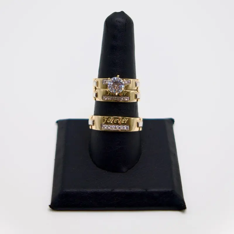 14K Gold Forever Engraved Wedding Ring Trio with Elegant Design