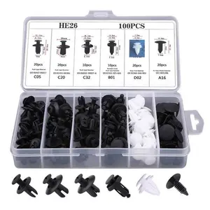 HE26 100-Piece Universal Automotive Expansion Screw Clip Set, suitable for mudguards, fenders, door panels, and other car components. Includes models C05, C20, C32, B01, D02, and A16. Car accessories.