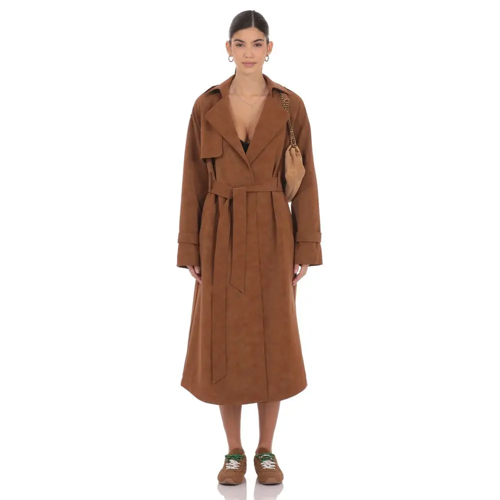 LUCY IN THE SKY Women's Lady's Faux Leather Trench Coat, Camel Modest Outerwear Jacket Garment
