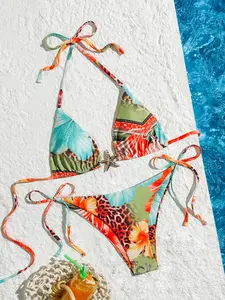 Two-Piece Set Women's All Over Print Bikini Set, Floral Print Bikini, Halter Bikini Swimsuit, Casual Fashion Chic Swimsuit Set, Ladies Swimwear for Beach Holiday Vacation, Flower Print Bikini