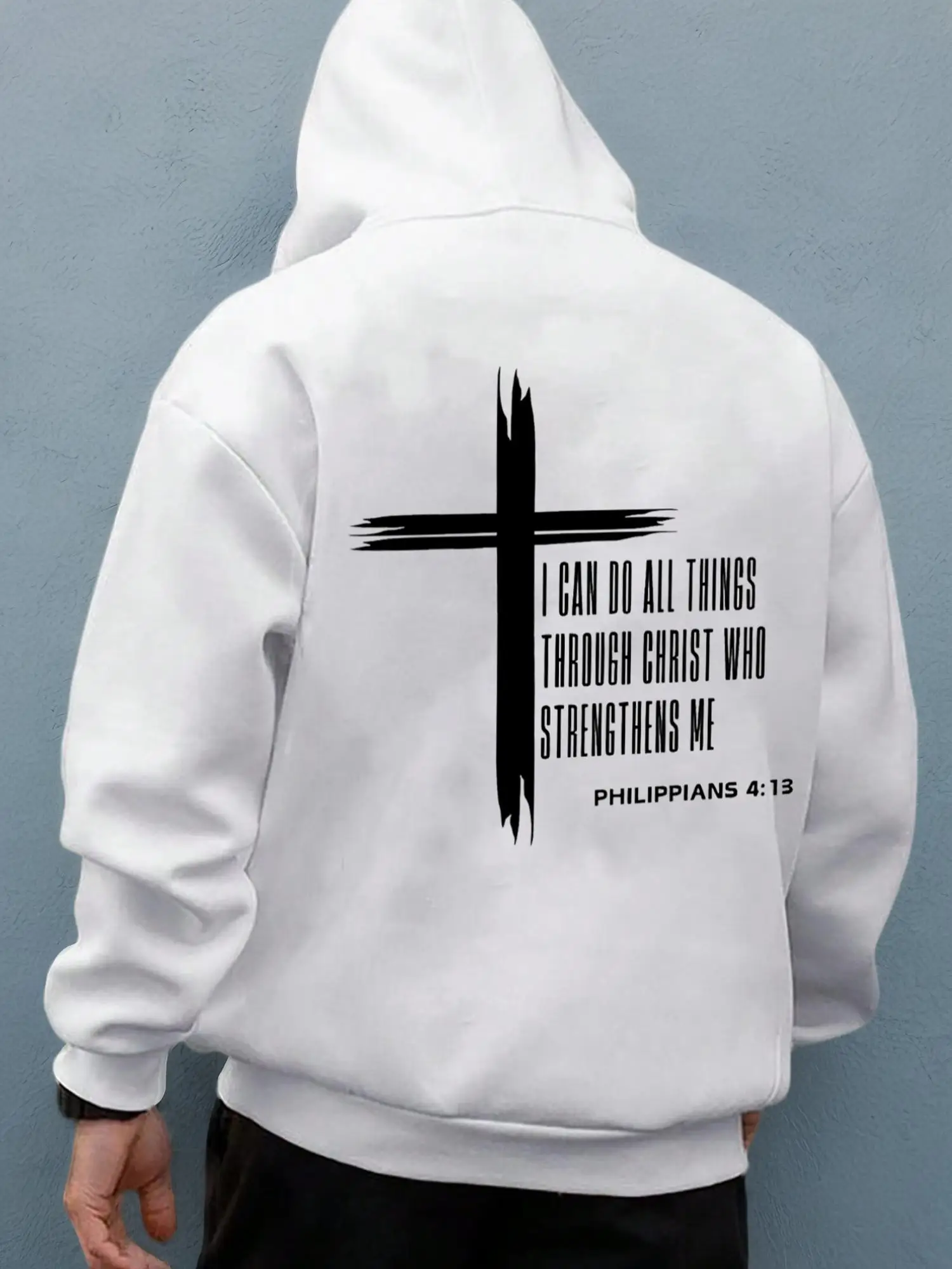 Men's Cross & Letter Print Drop Shoulder Thermal Lined Hoodie, Fashion Casual Regular Fit Drawstring Pocket Hooded Sweatshirt for Daily Holiday Outdoo