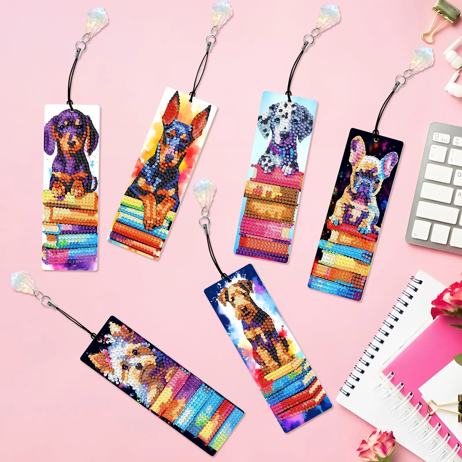 6Pcs Colorful Puppy Diamond Painting Bookmarks - DIY Craft Kit, Ideal Gift for Dog Lovers & Readers