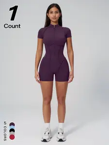 Women's Sportswear Half-Zip Stand Collar Shapewear Yoga Shaping Jumpsuit, Workout Jumpsuit, Casual Slim-Fitting Short Sleeve Jumpsuit for All Seasons