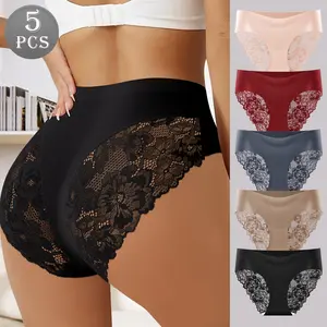QUASTI 5-Piece Exquisite Lace Mid Waisted Underwear Soft Breathable Polyester Patchwork Sexy Lace Silky Comfortable Fashionable Girl Back To School S-XXL