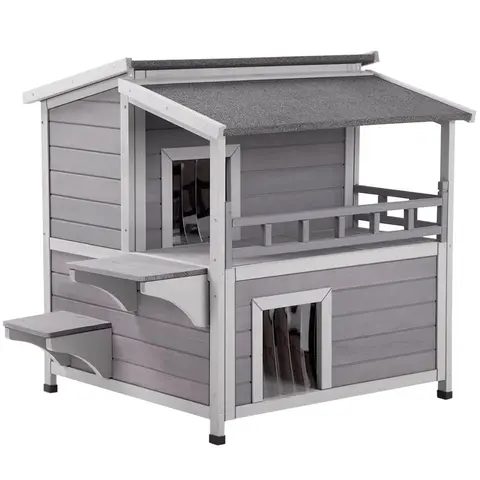 Aivituvin-AIR33 Solid Wooden Kitten House/Cat Enclosure - Indoor/Outdoor Pet Furniture with 2 Front Doors, Curtain Door Cover, 2 Jump Platforms, Large Balcony, 10.9 ft² Inner Space, Asphalt Rainproof Roof, Raised Base for Dry Clean Floor, Easy Cleaning