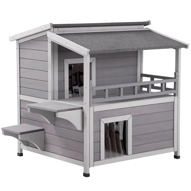 Aivituvin-AIR33 Solid Wooden Kitten House/Cat Enclosure - Indoor/Outdoor Pet Furniture with 2 Front Doors, Curtain Door Cover, 2 Jump Platforms, Large Balcony, 10.9 ft² Inner Space, Asphalt Rainproof Roof, Raised Base for Dry Clean Floor, Easy Cleaning