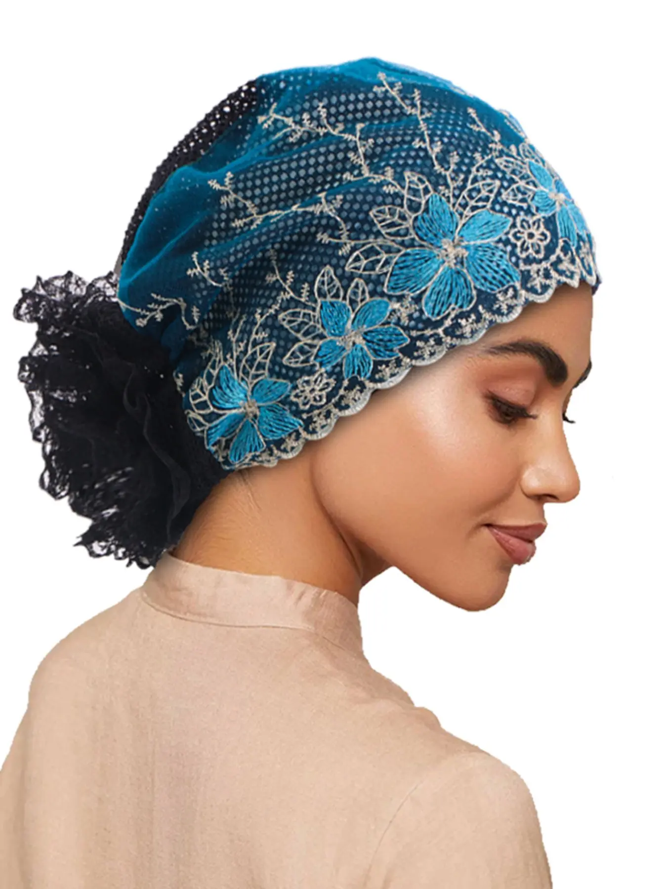 Muslim Lace Hollow Out Flower Headscarf Hat, Bottom Cap, Hijab Undercap, Shiny Silk Wraparound Hair Protection Cap, Stylish Accessory for Women
