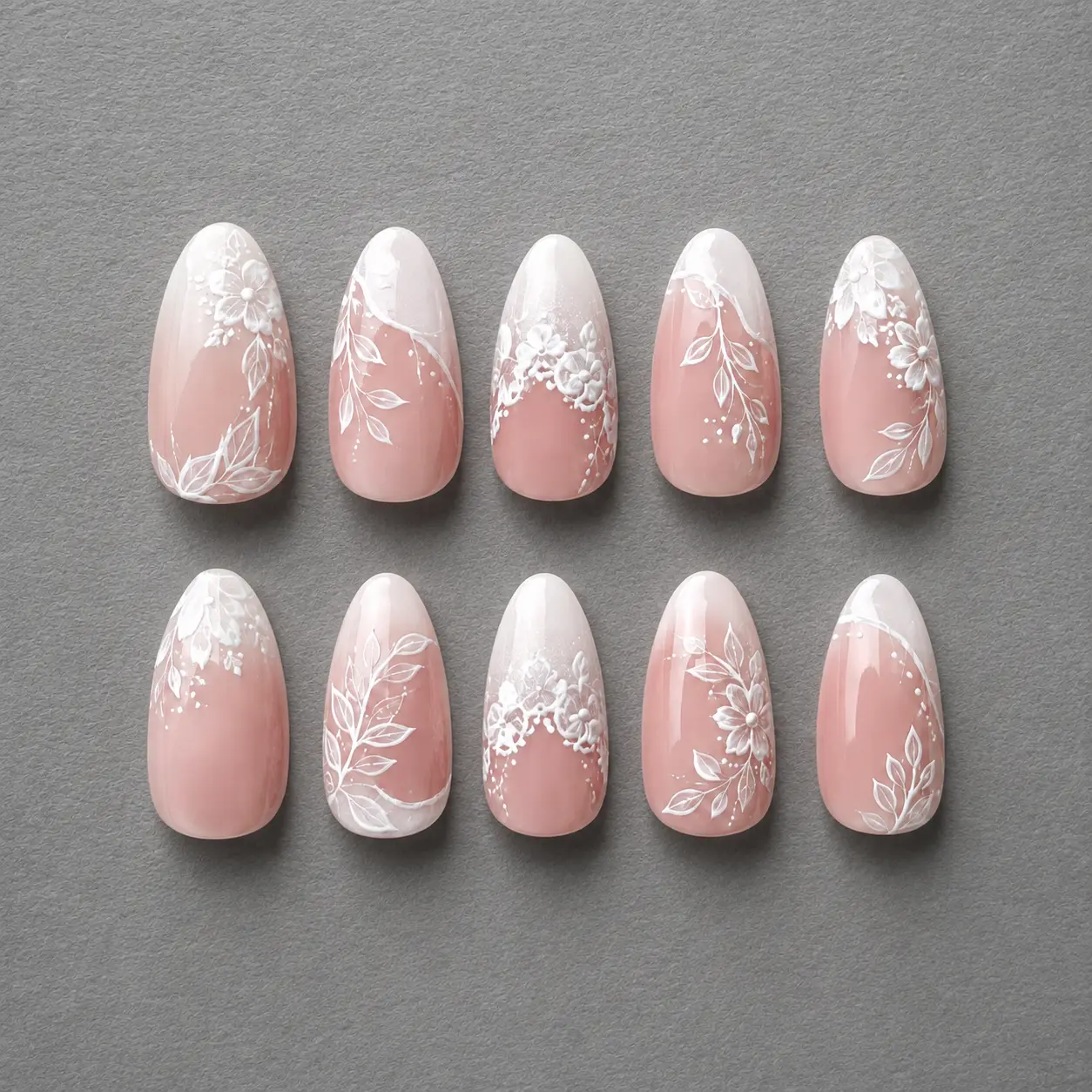 Hand Painted White Floral Pink Ombre Press On Nails, Bridal Wedding 3D Lace Short Almond Reusable Glue On Manicure for Bride, Bridesmaid, Engagement Ceremony and Gift