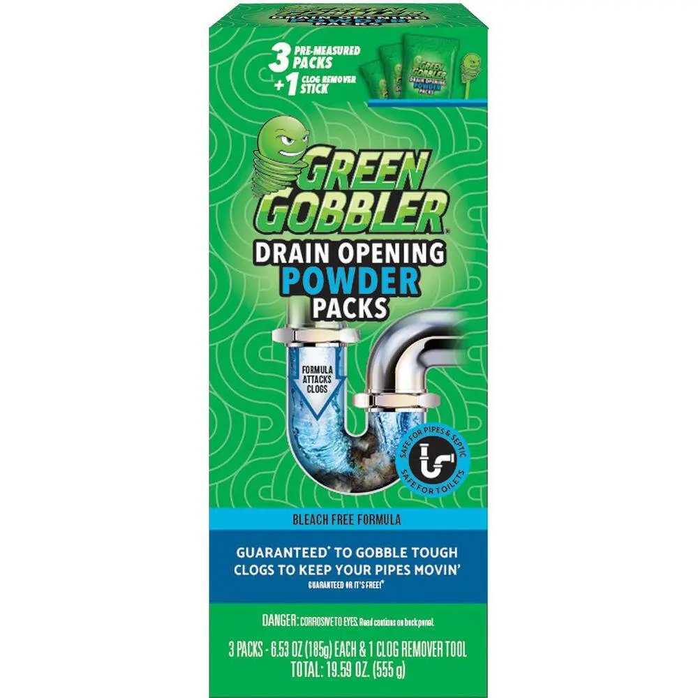 Green Gobbler Drain and Toilet Clog Opening Packs with Tool Drain Cleaner (3-Count), Pre Measured Drain Clog Dissolver for Toilets Sinks and Showers, No Bleach or VOC Formula, Easier Cleaner Alternative to Traditional Liquid Openers, Safe for Pipes.