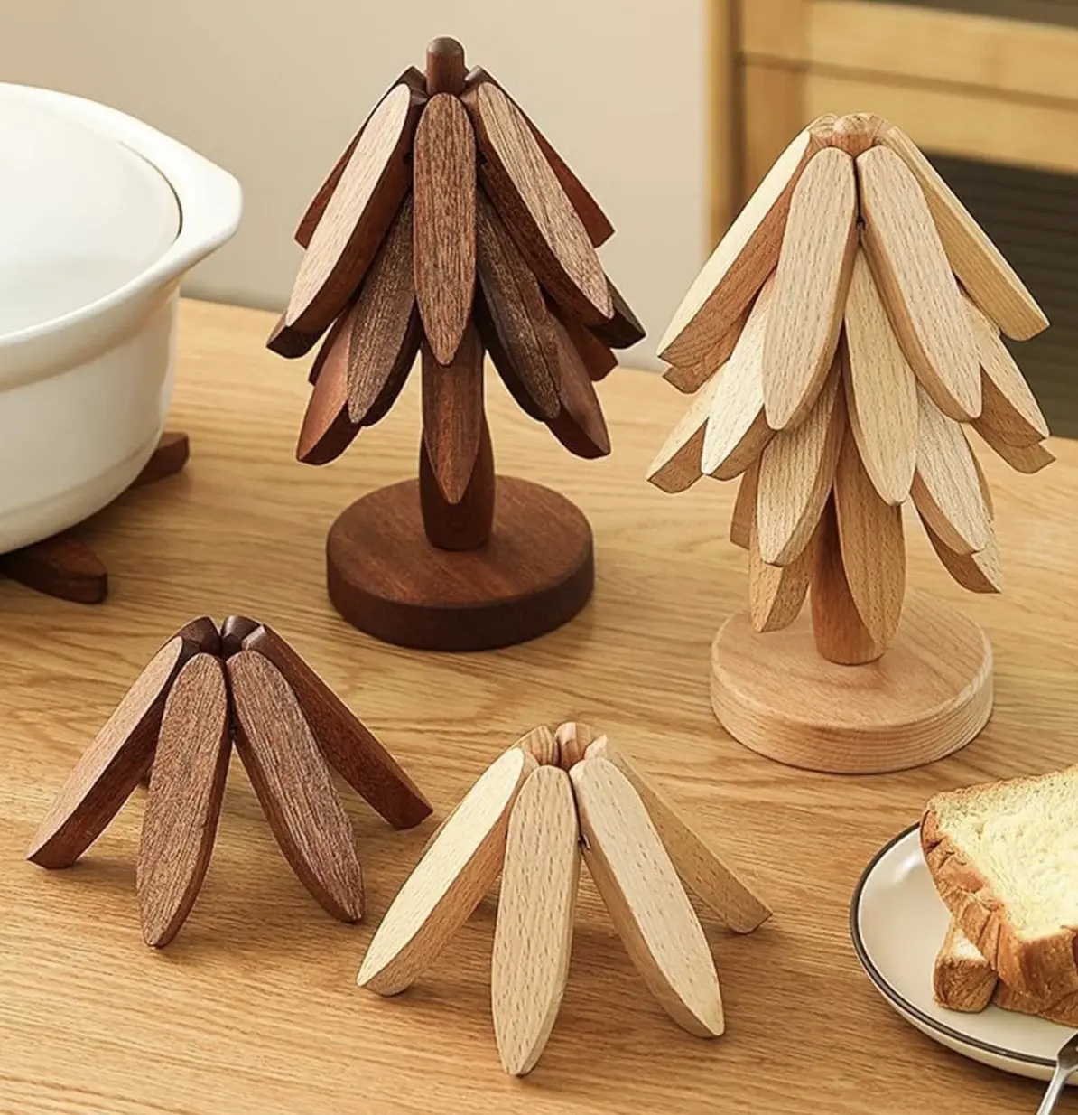 Thick Classic Foldable Wooden Tree Trivet - Heat Resistant Hot Pad for Tea, Coffee, Tableware - Space-Saving Aesthetic Kitchen Decor & Coaster