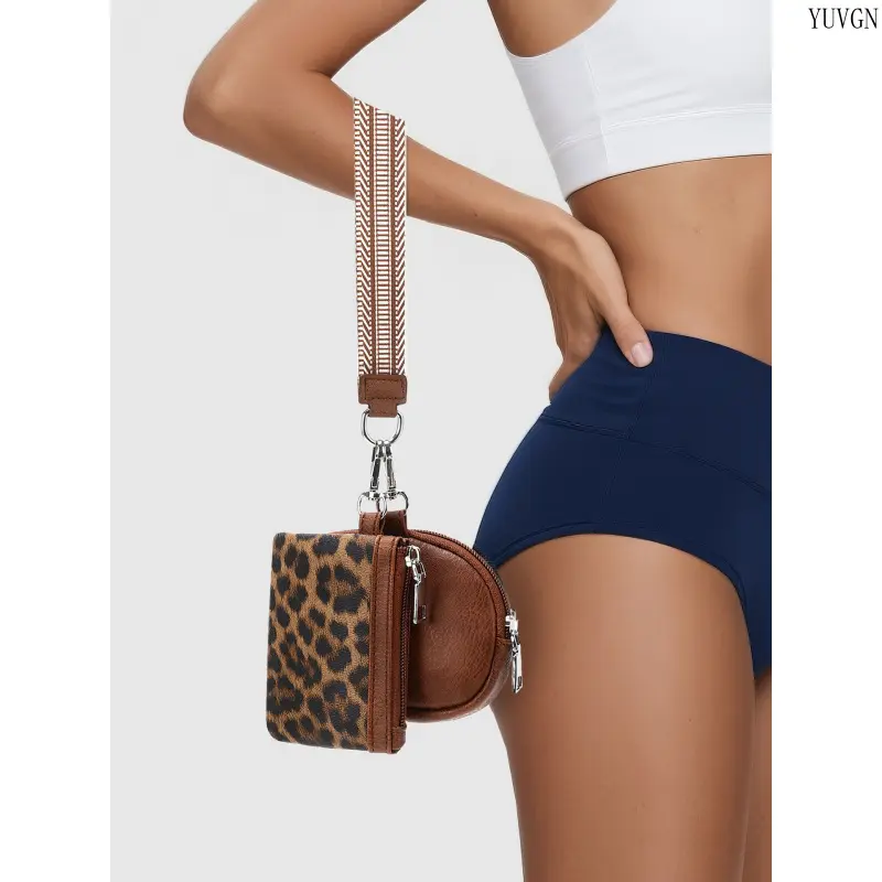 Leopard Print 2-in-1 Wristlet Wallet - Detachable PU Leather Dual Pouch, 2in1 Coin+Key Holder, Lightweight Wear-resistant Unisex Sports & Outdoor Gym Accessory, Compact Sporty Chic Casual Card Holder