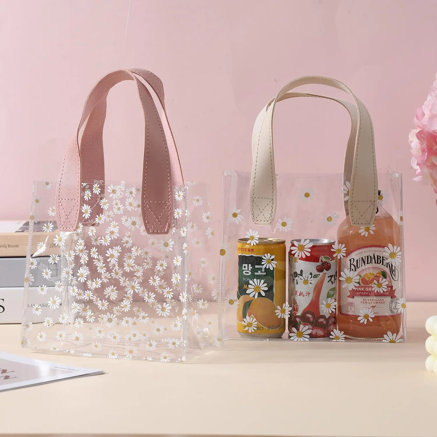Clear Daisy Pattern Gift Bag, 10pcs/set Transparent Gift Bag with Handle, Gift Wrapping Supplies for Wedding Birthday Party, Party Gift Packs, Gift Bags with Handles