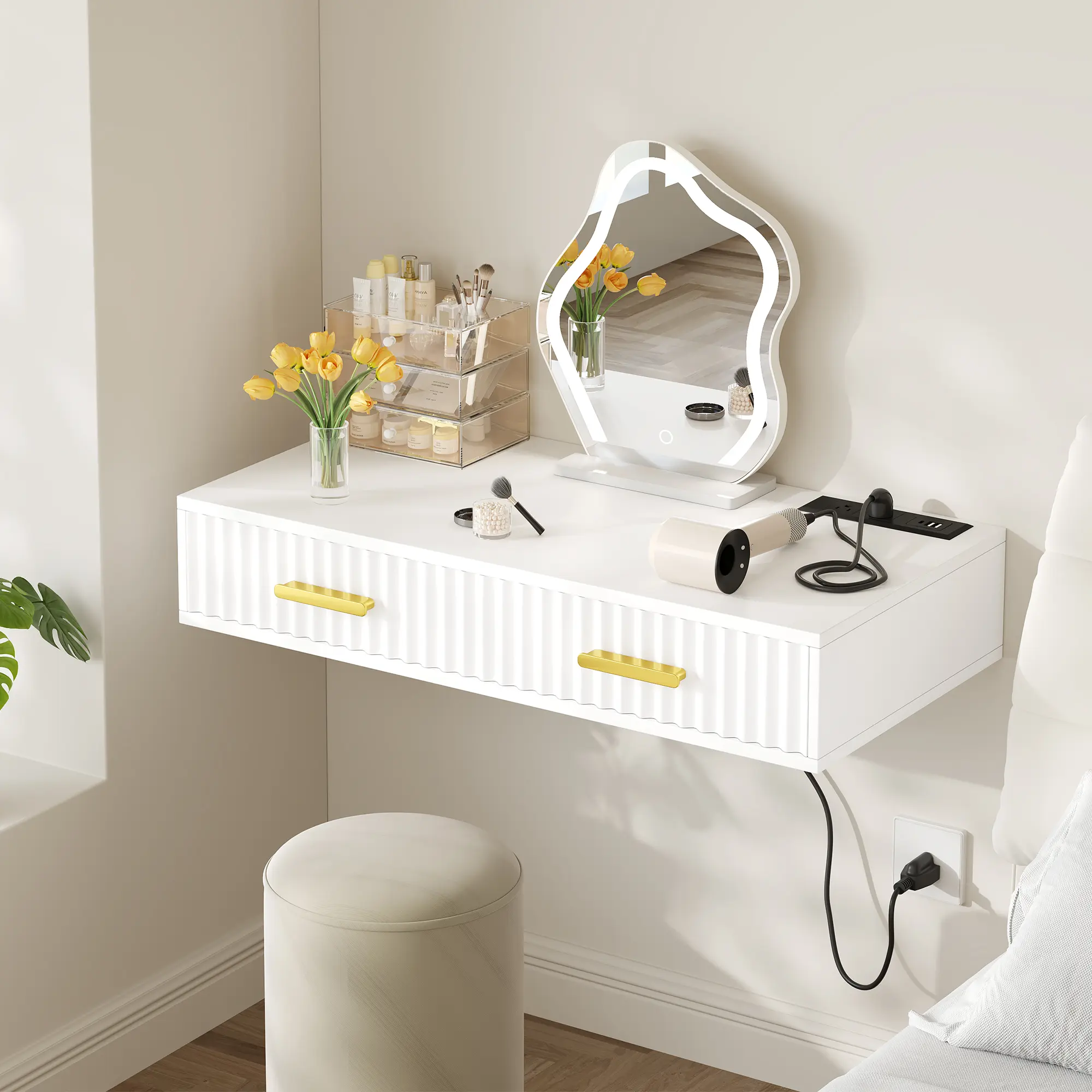 CASVIK 31.5" Rectangular Fluted Front MDF Frame Makeup Vanity Desk - Wall-Mounted Floating, No Mirror, Large Drawer, Power Outlet, Charging Ports, Easy Install, White & Gold Small Space Option for Bedroom