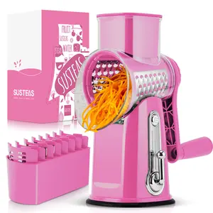 SUSTEAS Rotary Cheese Grater with 5 Replacement Blades, Strong Suction Cup Base, BPA Free, Compact Design for Easy Cleaning, Kitchen Utensils Pink Red