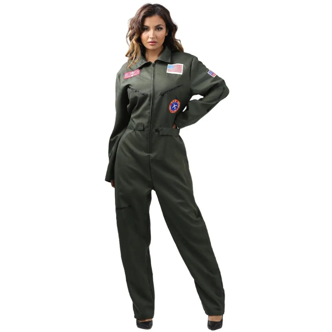 Olive Top Fighter Flight Pilot Sexy Jumpsuit Gun Sexy Women Costum