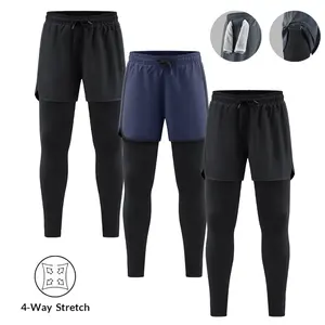 Men's 2-in-1 Running Pants, 4-Way Stretch Quick Dry Breathable Compression Leggings with Built-in Phone Pocket & Towel Loop, Elastic Waist Athletic Tights for Gym Workouts, Outdoor Running & All Seasons Comfy Drawstring