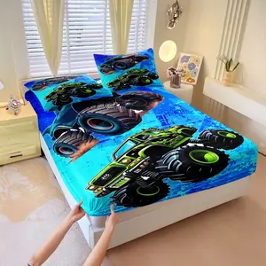 3pcs Monster Truck Print Fitted Sheet Set, Cool Off-Road Truck Bedding Set (Includes 1 Fitted Sheet + 2 Pillowcases, Pillow Inserts Not Included). Deep-Bound Design, Suitable for Bedroom Decor All Seasons, Perfect for Boys' Rooms and Teenagers' Bedrooms.