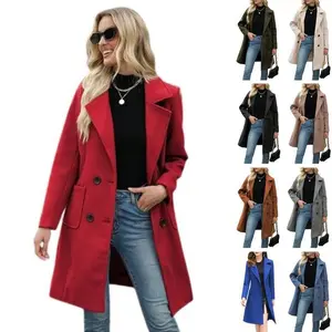 Women's Winter Wool Blend Camel Hair Mid-Length Coat with Notched Double-Breasted Lapel Jacket Can be used with a raincoat