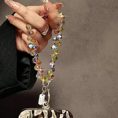 Multi-color Artificial Crystal Acrylic Beaded Phone Chain, Fashionable Aesthetic Phone Decorative Lanyard, Phone Strap & Charm for Women & Girls, Mobile Cellphone Decoration Accessories