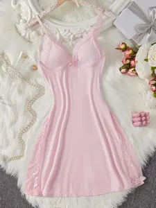 Women's Solid Color Lace Trim Nightdress, Elegant Comfy Soft Sleepwear Loungewear Cami Nightgown for All Seasons, Fashion Ladies' Sleepwear for Daily Wear, Womenswear