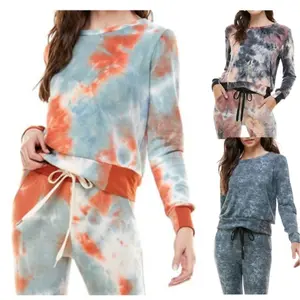 Casual Comfort Body Set Women's Boxy Fit Top & Jogger Pants Tie-Dye Print French Terry Pajama Loungewear
