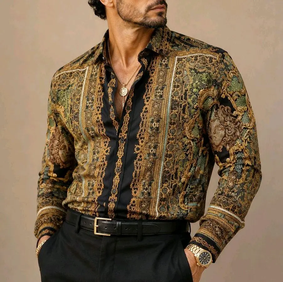 Barabas Men's Casual Rhinestone Medusa Long-Sleeve Dress Shirt, Olive Green Menswear Top