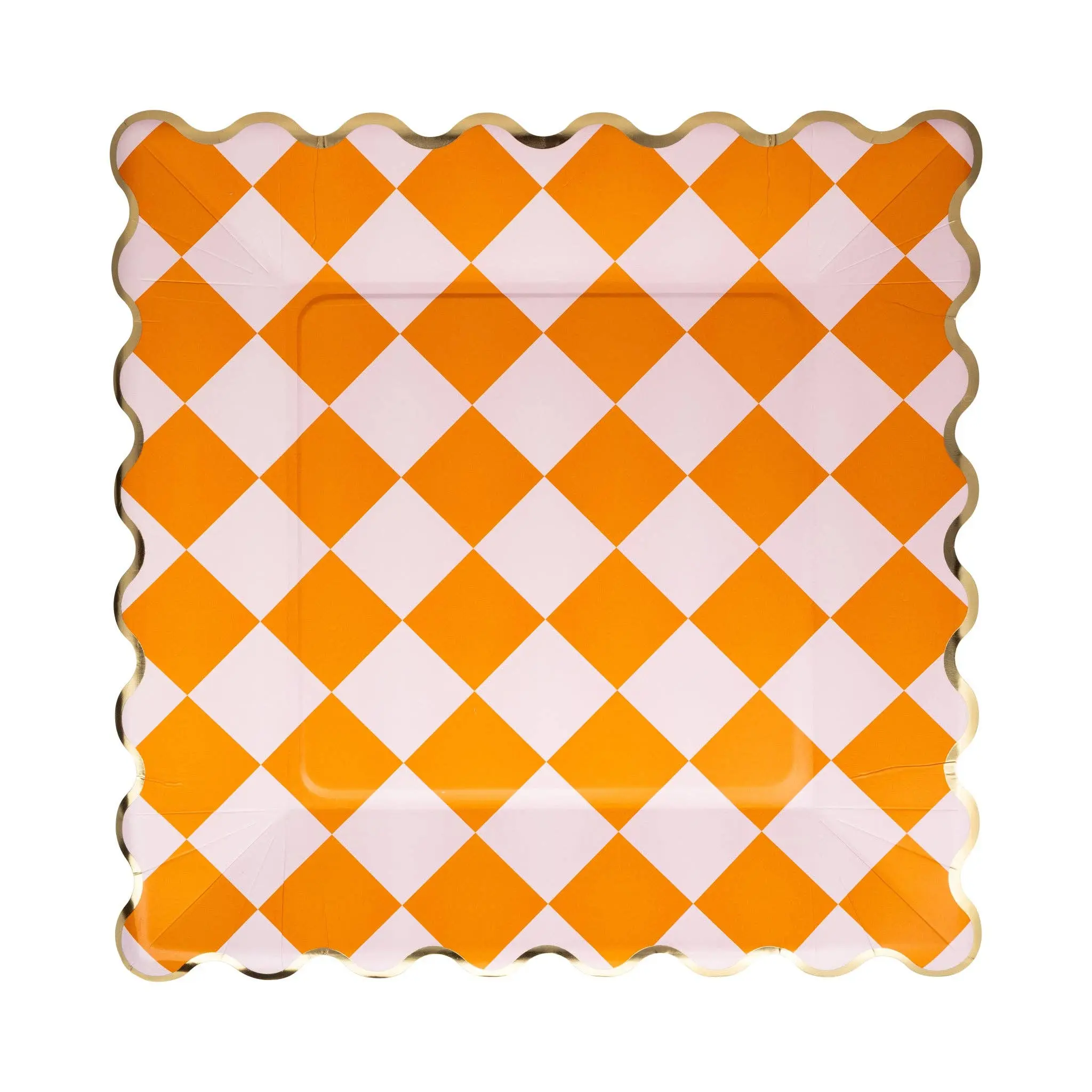 11" Pink & Orange Checkered Disposable Paper Plates, Spooky Halloween Party Table Setting Supplies