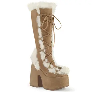 Demonia Women's Camel-311 Round Toe Lace-Up Knee High Boot with Faux Fur Trim Detail in Camel Vegan Suede