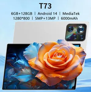 Android 14 tablet, 10.1-inch tablet, 6 GB RAM, 128 GB ROM, expandable up to 1 TB, 6000 mAh battery, 1280×800 HD touchscreen, Wi‑Fi 5, 5 MP + 13 MP dual cameras, includes headphones, stand, protective case, and stylus