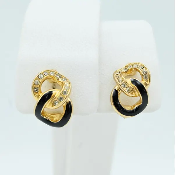 Pre-owned Dior Vintage Black Enamel Rhinestone Gold Tone Interlocked Hoop Stud Earrings J8070206