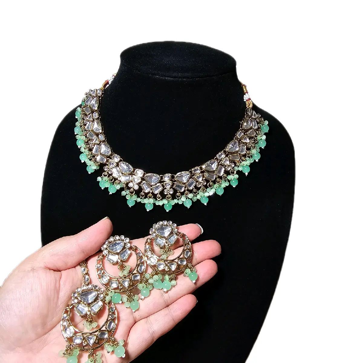 Desi Bollywood Indian Pakistani kundan necklace earrings tikka set