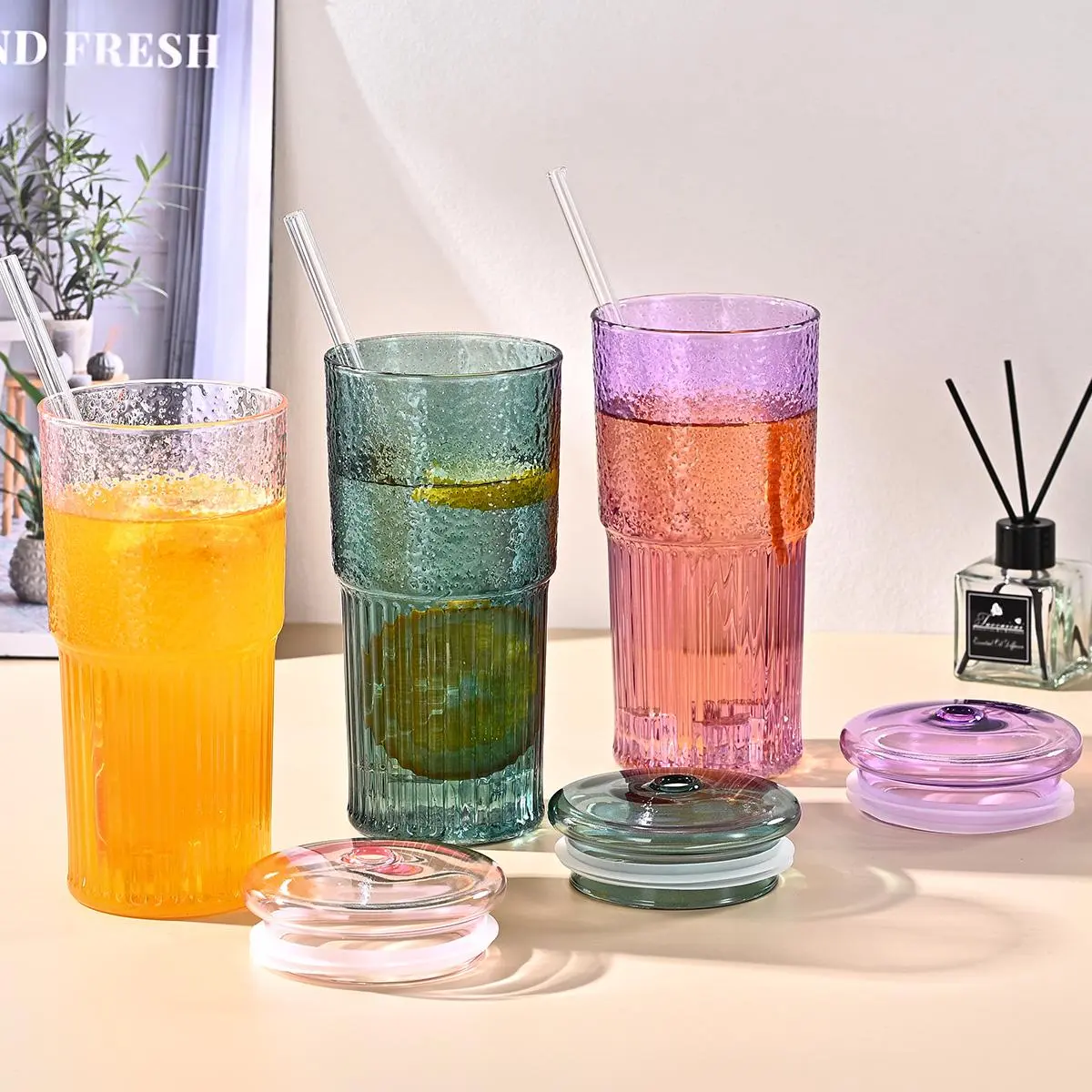 2-Pack 20oz Glass Tumbler Set - Drinking Glasses, Iced Tumblers with Lids, Includes Straw, ABS Accessories for Ice Coffee, Juices, Ideal Holiday Gift for Home Festive Use, 2‑Pack Party Set