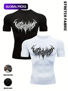 Men’s 2 Pack Gothic Workout T-Shirts, Cool Print Design, Stretch Fit Compression Shirts for Intense Training, Polyester Blend, Black White Set, Ideal for Gym, Strength Training, Streetwear & Casual Wear