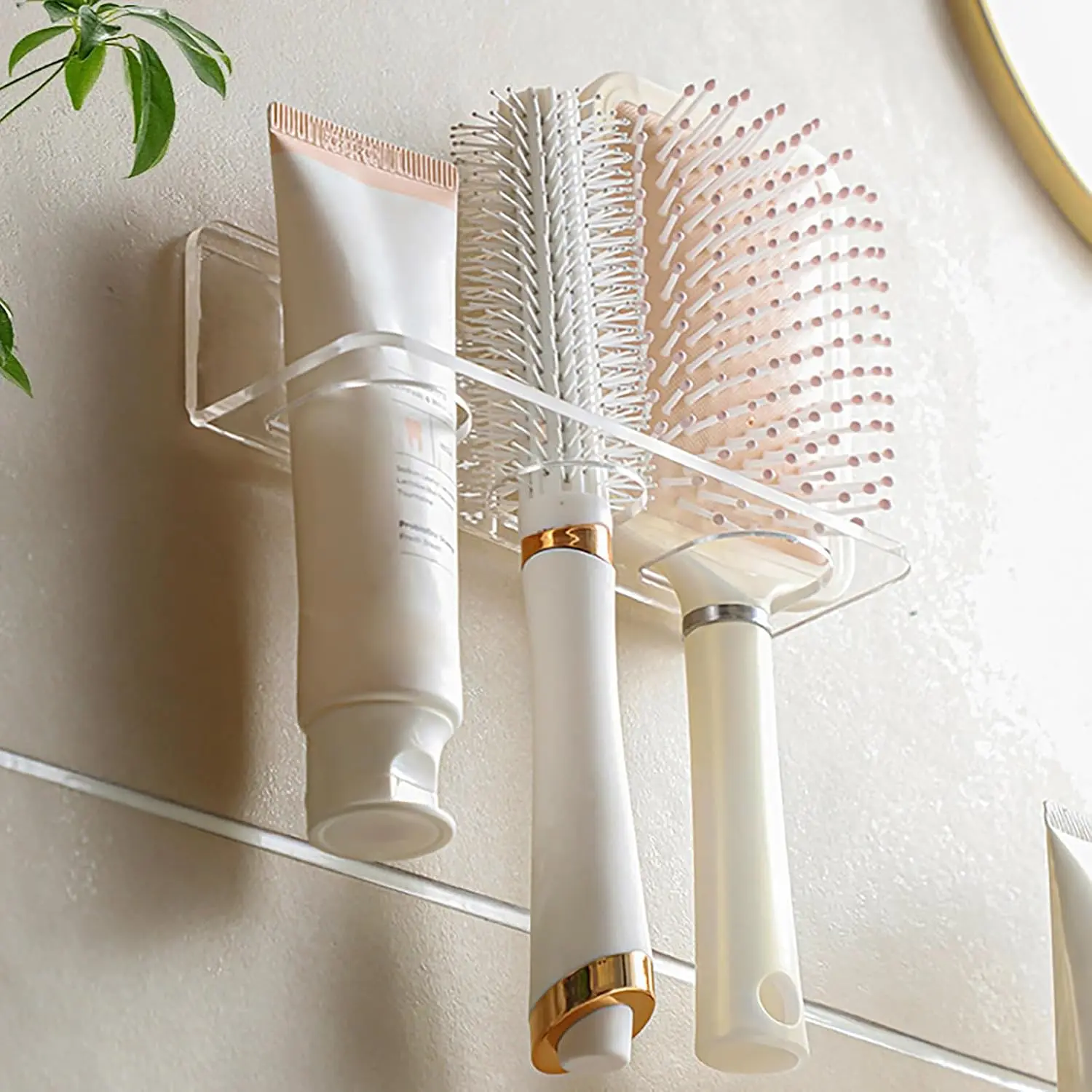 Acrylic Hair Brush Holder for Bathroom Adhesive Hair Tool Organizer Wall Mounted Comb Holder Organizer with 3 Holes Diameter 1.34 to 1.57 In,Remove Film Before Use(transparent)