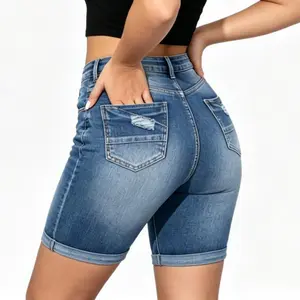 Women's High Waisted Stretchy Ripped Denim Jean Shorts with Pockets, Zipper & Distressed Cut Off Design - Womenswear Bottoms for Women