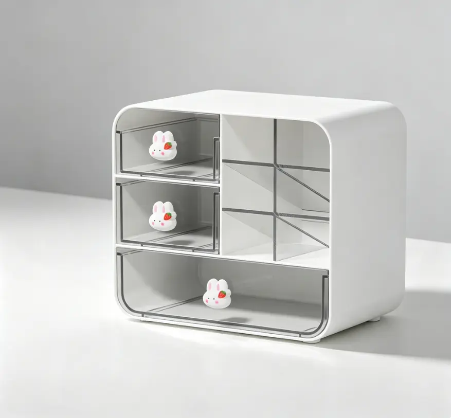 Cute Rabbit Desktop Drawer Storage Organizer, Clear Plastic Multi Grid Desk Box, Stationery Storage Cabinet for Students Bedroom Study Desk