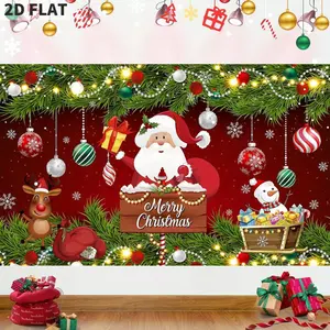 2D FLAT 1pc Large Merry Christmas Yard Banner Red Santa Snowman Reindeer Sleigh Xmas Decorations Outdoor Indoor Hanging Sign Backdrop Decor Christmas Winter New Year Holidays Party Supplies
