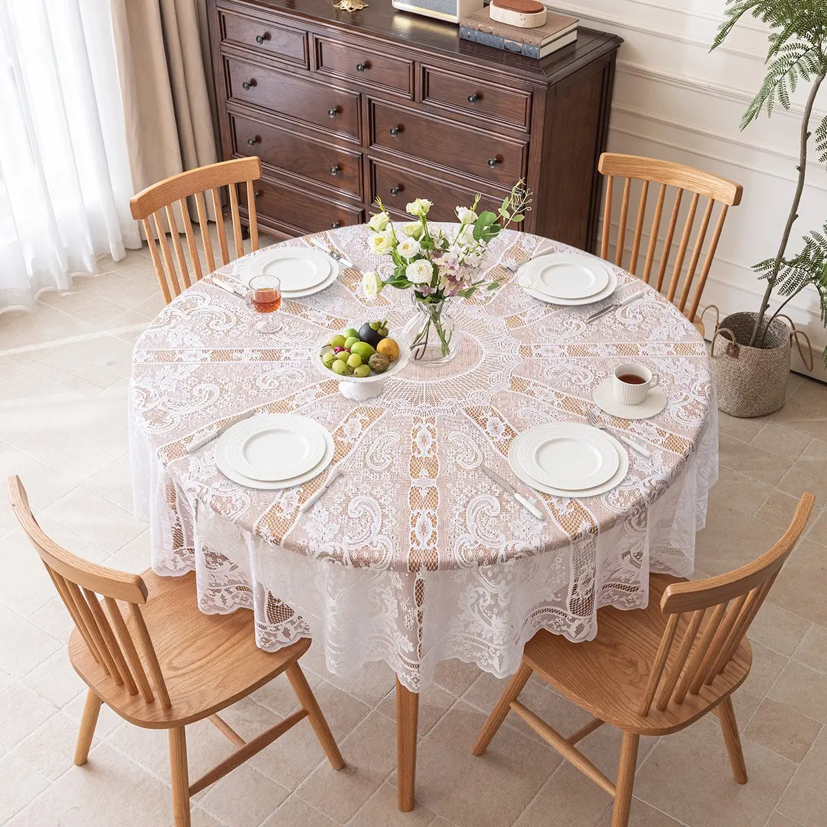 1pc Lace Tablecloth Round 185cm, Washable Table Cover, Elegant Style Hollow Out American Country Decor, Perfect for Dining Table Decoration