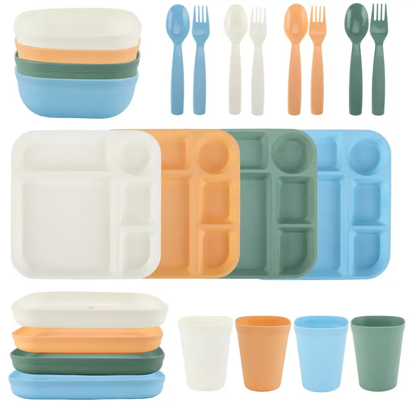 24-Piece Plastic Square Dinnerware Set with 4 Trays Bowls Plates Cups Forks Spoons in Cream Orange Green Blue Colors