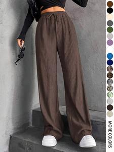 women's textured tie front elastic waist straight leg pants, casual comfy minimalist trousers for daily wear, ladies bottoms for all seasons