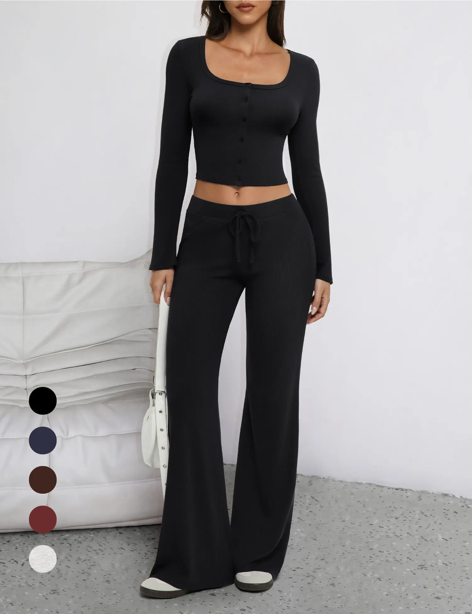 Tournesol Women's Cozy Knit Lounge Set, Button Front Long Sleeve Crop Top & Wide Leg Pants 2 Piece Outfit 031