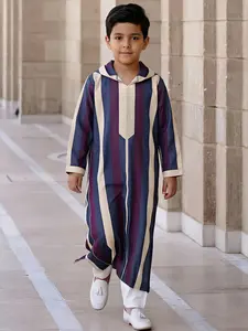 Hooded Color-Block Printed Muslim Thobe for Boys 8-12, Long Sleeve with Side Pockets, Comfortable for Daily & Party Wear